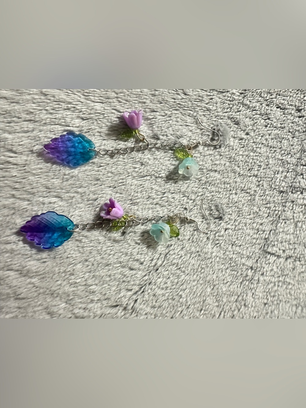 Handmade Blue-Purple Gradient Leaf & Flower Dangle Earrings